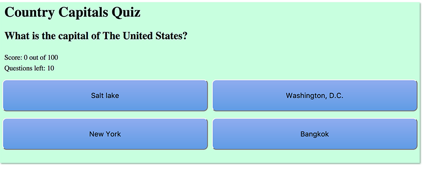 screenshot of country capitals quiz app