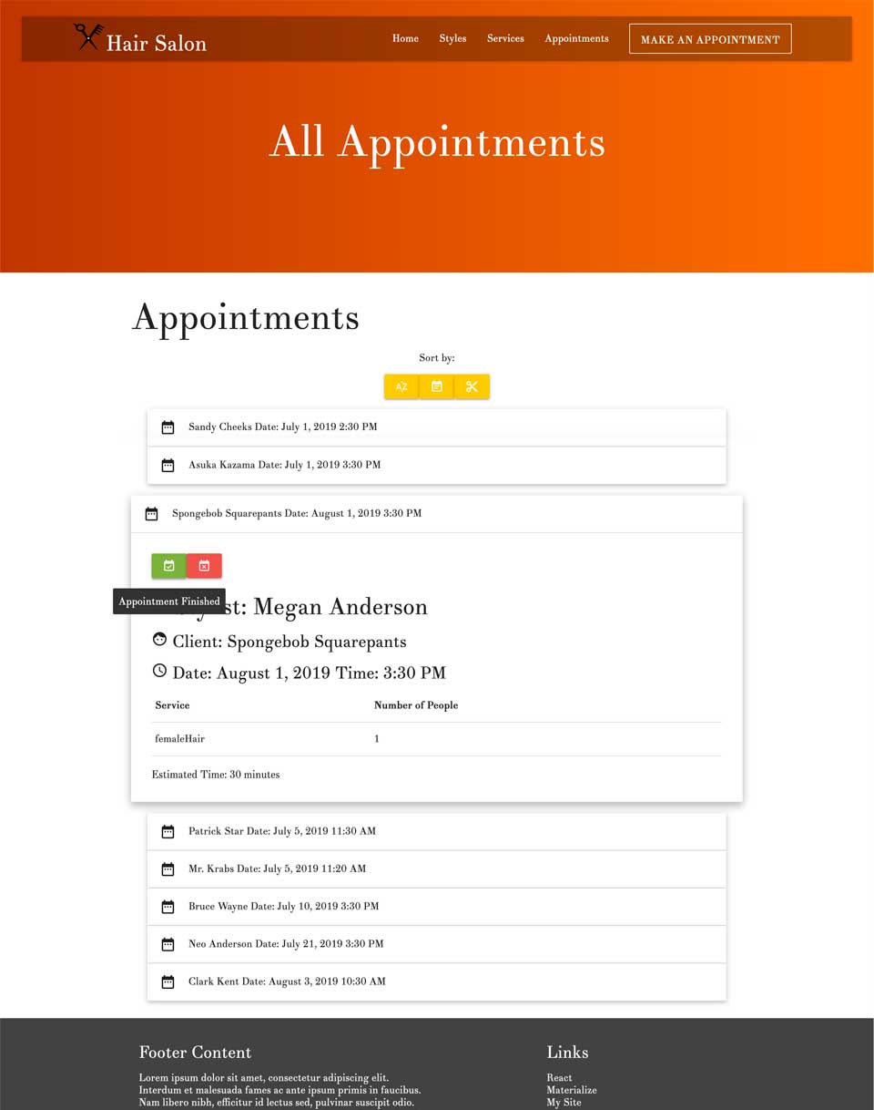screenshot of all appointments page