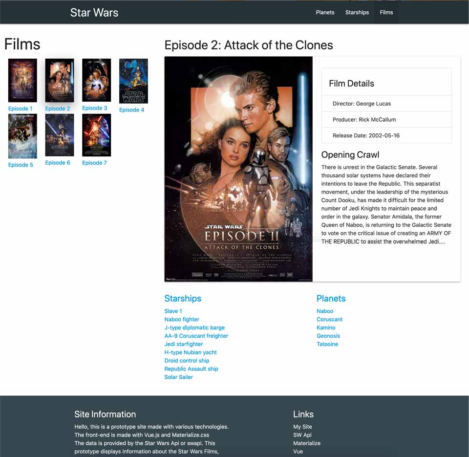 screenshot of star wars directory movie info page