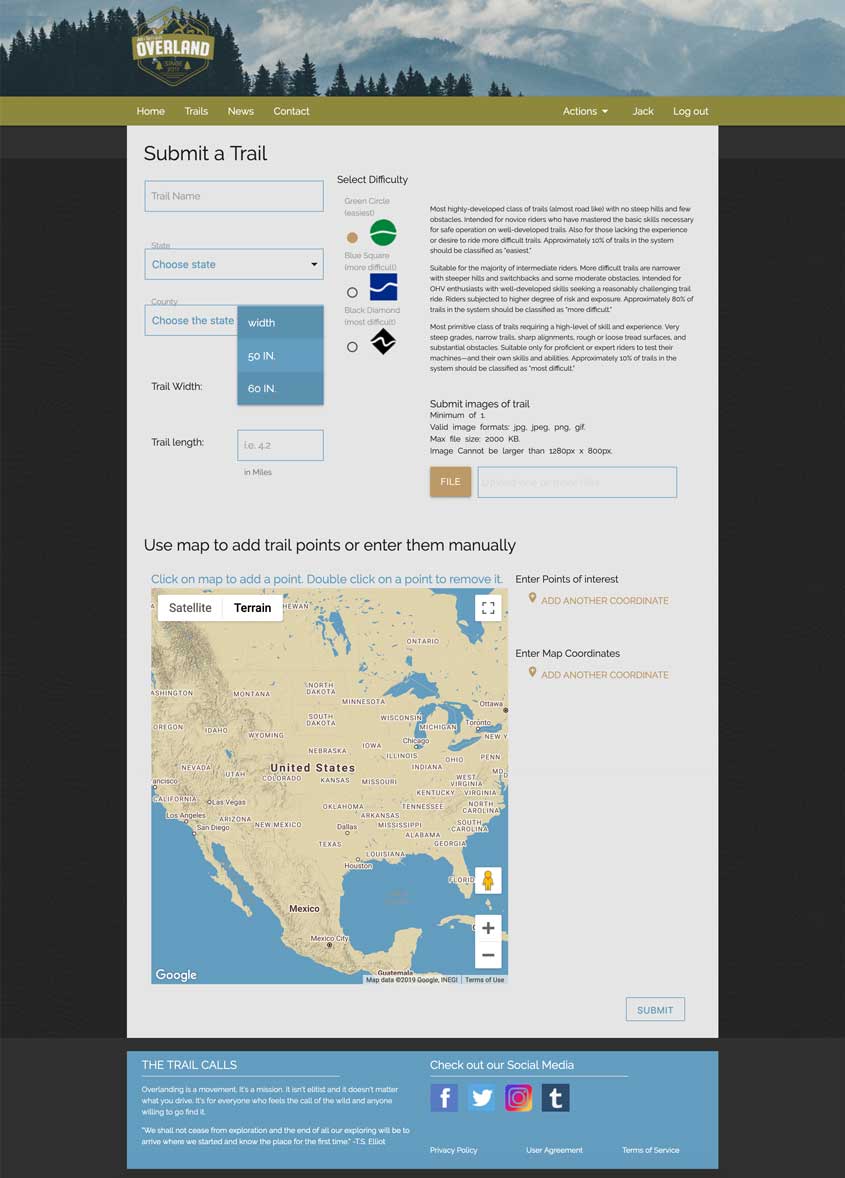screenshot of create trail page for logged in users