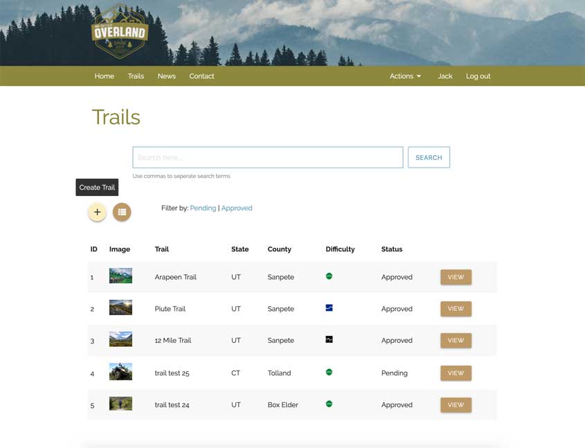 screenshot of trail list page for admins