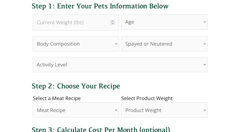screenshot of pet nutrition website